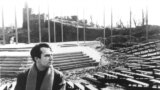 Joe Papp amid construction of the Delacorte Theater in 1961. (Photo Courtesy of The Public Theater)
