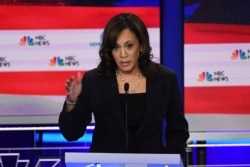 FILE - Democratic presidential hopeful U.S. Senator for California Kamala Harris speaks during the second Democratic primary debate of the 2020 presidential campaign at the Adrienne Arsht Center for the Performing Arts in Miami, June 27, 2019.