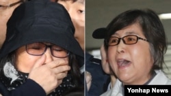'국정농단' 사태 주요 인물인 최순실씨가 25일 체포영장 집행으로 서울 대치동 특별검사 사무실에 출두하면서 "억울하다"고 고함치며 항의하고 있다(오른쪽 사진). 지난해 10월 검찰에 처음 소환될 당시 "죽을 죄를 지었다"며 울먹이던 모습(왼쪽)과는 다른 태도다. 