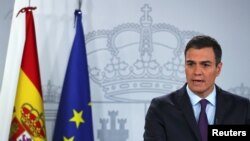 FILE - Spain's Prime Minister Pedro Sanchez delivers a speech at the Moncloa Palace in Madrid, Feb. 4, 2019. 