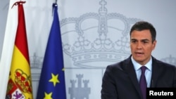 FILE - Spain's Prime Minister Pedro Sanchez speaks from the Moncloa Palace in Madrid, Feb. 4, 2019. 