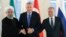 Chapdan: Eron Prezidenti Hasan Ruhoniy, Turkiya Prezidenti Rajab Toyyib Erdog'an va Rossiya Prezidenti Vladimir Putin, Anqara, Turkiya, 16-sentabr, 2019-yil