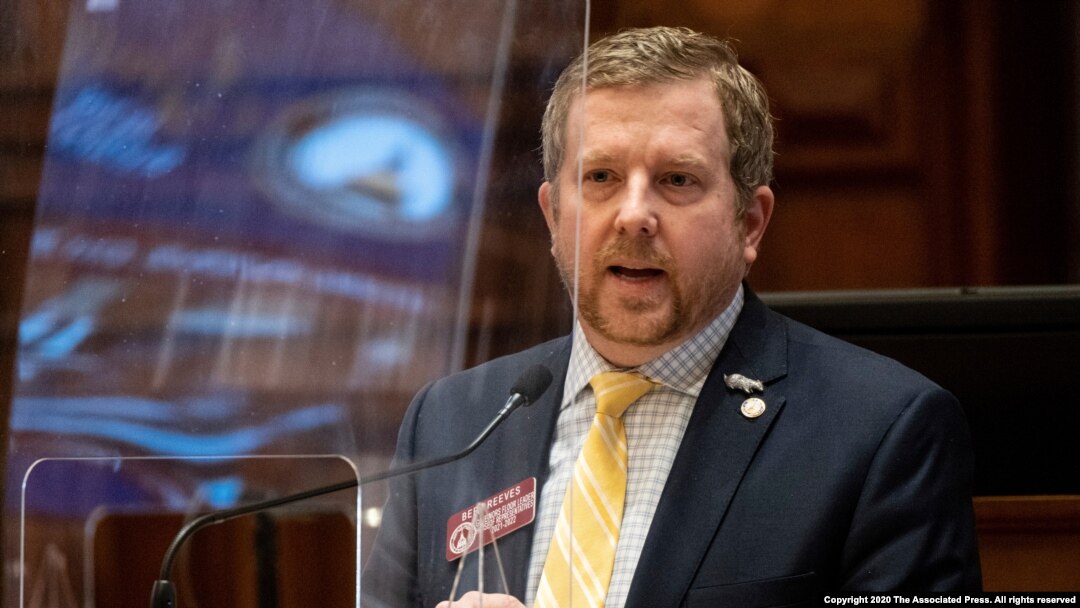 Georgia State Rep. Bert Reeves (R-Marietta) presents HB479, which revokes citizen arrest laws, during the 28th legislative day Monday, March 8, 2021, at the State Capitol in Atlanta. (AP Photo/Ben Gray)