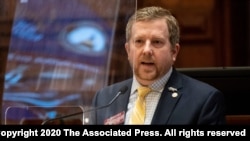 Georgia State Rep. Bert Reeves (R-Marietta) presents HB479, which revokes citizen arrest laws, during the 28th legislative day Monday, March 8, 2021, at the State Capitol in Atlanta. (AP Photo/Ben Gray)