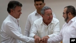 Chủ tịch Cuba Raul Castro (giữa) khuyến khích Tổng thống Colombia Juan Manuel Santos (trái) và thủ lãnh FARC Timoleon Jimenez bắt tay sau khi trở ngại cuối cùng để đạt một thỏa thuận hòa bình đã được khắc phục tại cuộc hội đàm ở Havana, ngày 23/9/2015.