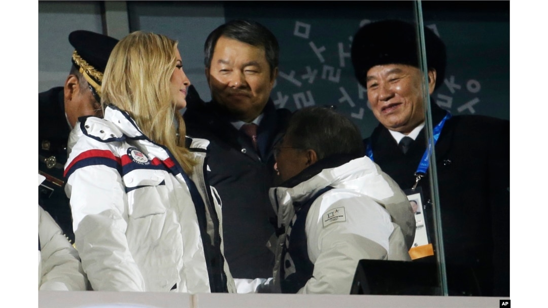 Ivanka Trump, left, and Kim Yong Chol, vice chairman of North Korea's ruling Workers' Party Central Committee, right, attend the closing ceremony of the 2018 Winter Olympics in Pyeongchang, South Korea, Feb. 25, 2018.