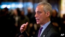 FILE - Chicago Mayor Rahm Emanuel speaks with members of the media after meeting with President-elect Donald Trump at Trump Tower in New York, Dec. 7, 2016.