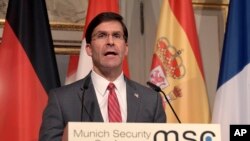 U.S. Secretary for Defense Mark Esper speaks during a press conference on the first day of the Munich Security Conference in Munich, Germany, Feb. 14, 2020.