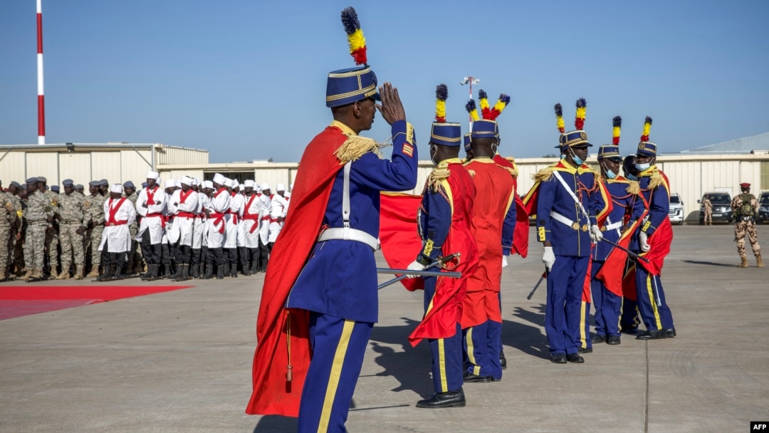 Members of the Presidential Guard gather to form up during the ceremony marking the end of France's presence in Chad and the Sahel at the Adji Kossei Air Base in N'Djamena, Jan. 31, 2025.