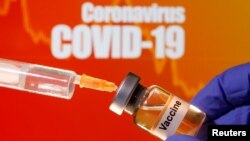 FILE - A small bottle labeled with a "Vaccine" sticker is held near a medical syringe in front of displayed "Coronavirus COVID-19" words in this illustration taken April 10, 2020. (REUTERS/Dado Ruvic/Illustration)