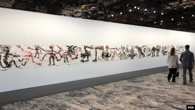 La pintura "Dynastie" de Barthélémy Toguo expuesta en espacio "Meridians" en Art Basel 2019.