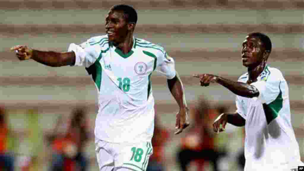 Taiwo Awoniyi of Nigeria celebrates after scoring a goal against Sweden during a semifinal match of the World Cup U-17 in Dubai.