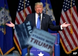 Republican presidential candidate Donald Trump addresses supporters at a campaign event at Crosby High School in Waterbury, Connecticut, April 23, 2016.