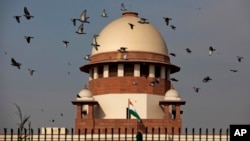 FILE - Pigeons fly past the dome of India's Supreme Court building in New Delhi, India.