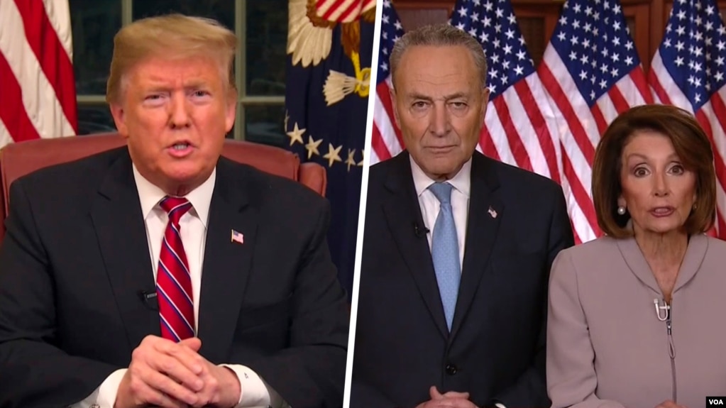 Lãnh đạo phe Dân chủ thiểu số ở Thượng viện Chuck Schumer và Chủ tịch Hạ viện Nancy Pelosi (bên phải), Tổng thống Donald Trump (bên trái).
