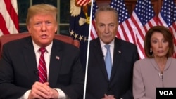 Presiden Amerika Serikat, Donald Trump (kiri) dan pucuk pimpinan partai Demokrat AS: Chuck Schumer (Pemimpin Minoritas Senat, tengah) dan Nancy Pelosi (Ketua DPR AS). 