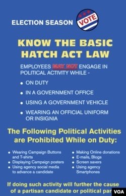 A Hatch Act sign that typically can be seen in U.S. government buildings during the election season.