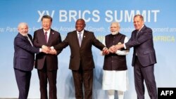 FILE —President of Brazil Luiz Inacio Lula da Silva, President of China Xi Jinping, South African President Cyril Ramaphosa, Prime Minister of India Narendra Modi and Russia's Foreign Minister Sergei Lavrov in a photo during the 2023 BRICS Summit in Johannesburg, August 23, 2023.