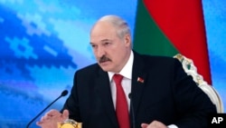 FILE - Belarus's President Alexander Lukashenko speaks during a briefing in Minsk, Belarus, Feb. 3, 2017. 