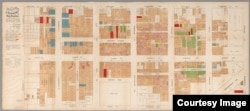 This 1885 "Official Map of Chinatown" in San Francisco, highlights gambling houses (pink), opium dens (yellow), Chinese prostitution (green) and Chinese places of worship (red). (From "A History of America in 100 Maps")