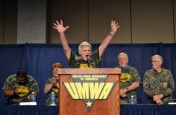 United Mine Workers of America president Cecil Roberts speaks to about 4,000 retired members in Lexington, Ky., June 14, 2016. Roberts urged members to push for laws to protect pensions and health care benefits for retirees that are in jeopardy.
