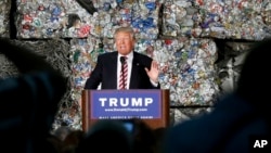 Republican presidential candidate Donald Trump speaks during a campaign stop at Alumisource, a metals recycling facility in Monessen, Pennsylvania, June 28, 2016. 