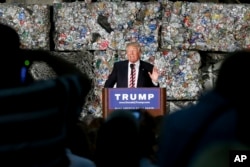 Republican presidential candidate Donald Trump speaks during a campaign stop at Alumisource, a metals recycling facility in Monessen, Pennsylvania, June 28, 2016.