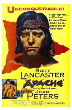 Theater release poster for 1954 Western film directed by Robert Aldrich and starring Burt Lancaster as Chiricahua Apache warrior Massai.