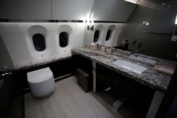 FILE - A bathroom of the Mexican Air Force Presidential Boeing 787-8 Dreamliner is pictured during a media tour at Benito Juarez International Airport in Mexico City, Mexico, Dec. 2, 2018.