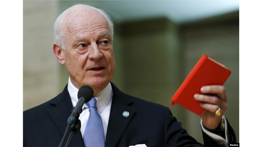 FILE - U.N. mediator for Syria Staffan de Mistura delivers a statement after the opening of the Syrian peace talks at the United Nations European headquarters in Geneva, Switzerland, Jan. 29, 2016.