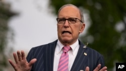 White House chief economic adviser Larry Kudlow talks to reporters at the White House, Tuesday, April 7, 2020, in Washington. (AP Photo/Evan Vucci)