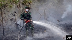 A member of the military works to contain a wildfire on a field in Indralaya, South Sumatra, Indonesia, Sept. 16, 2015.