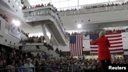 U.S. Democratic presidential candidate Hillary Clinton speaks during a "Get Out to Caucus" rally at Iowa State University in Ames, Iowa Jan. 30, 2016. 