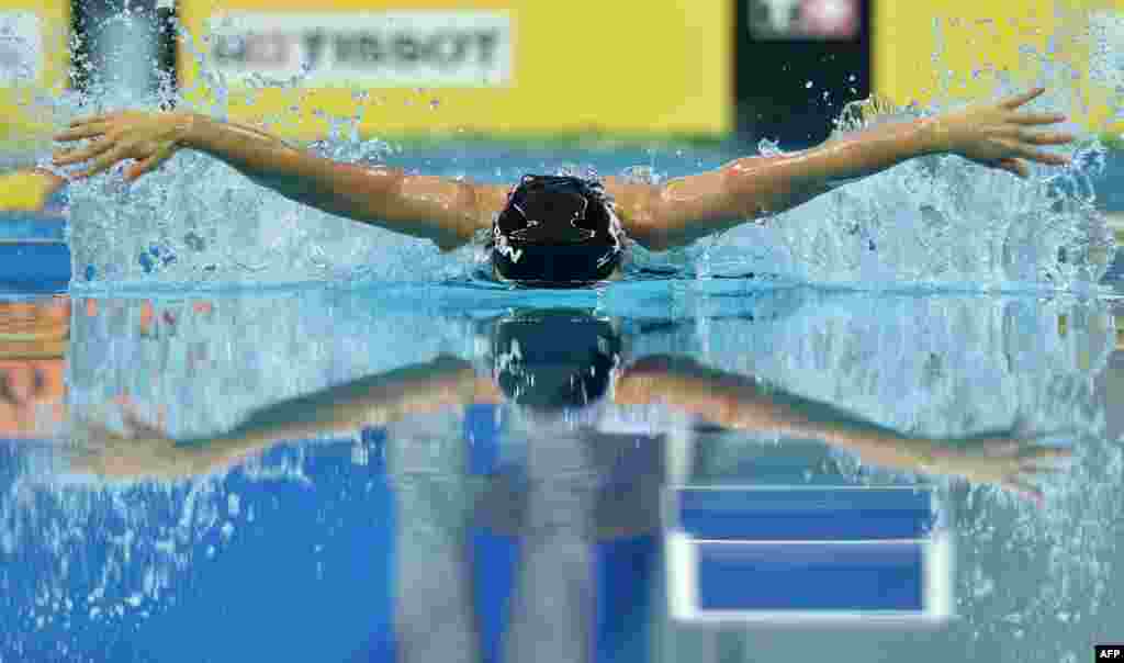 Japan&#39;s Miho Teramura competes in the heats - qualifying races - of women&#39;s 50m butterfly swimming event during the 17th Asian Games at the Munhak Park Tae-hwan Aquatics Centre in Incheon, South Korea. 