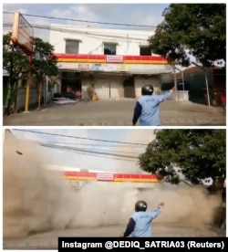 A combo picture shows a man directing people away from the building during the collapse due to an earthquake, Indonesia August 9, 2018 in these still images taken from a video obtained from social media.