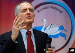 FILE - U.S. writer Jared Taylor speaks during the International Russian Conservative Forum in St.Petersburg, Russia, March 22, 2015. Taylor, a Yale University-educated, self-described “race realist, ” runs the New Century Foundation.