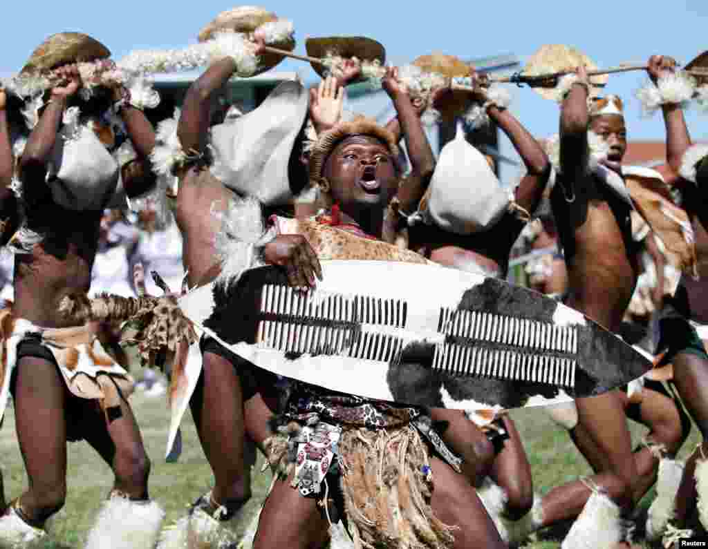 Contestants perform during the annual Ingoma traditional Zulu dance competition in Durban, South Africa.