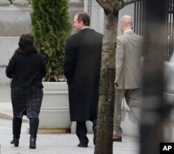 House Intelligence Committee ranking member Rep. Adam Schiff, D-Calif. (center) leaves the White House complex in Washington, March 31, 2017.