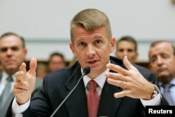 FILE - Blackwater USA Chief Executive Erik Prince testifies before the House Oversight and Government Reform Committee on security contracting in Iraq and Afghanistan on Capitol Hill in Washington, Oct. 2, 2007.