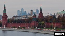 A view of the Kremlin, Ministry of Foreign affairs and Moscow City, Russia business district, Oct. 18, 2011.