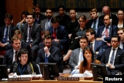 FILE - United States Ambassador to the United Nations Nikki Haley addresses the United Nations Security Council meeting on Syria at the U.N. headquarters in New York, April 9, 2018.