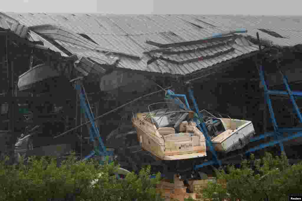 A boat rack storage facility lays destroyed after Hurricane Irma blew though Hollywood, Florida, Sept. 10, 2017.