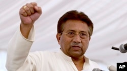 FILE - Pakistan's former President and military ruler Pervez Musharraf addresses his party supporters at his house in Islamabad, Pakistan, April 15, 2013.