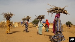 FILE - Women carry fire woods at the Boudouri site for displaced persons outside the town of Diffa in southeastern Niger, June 21, 2016. 