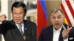 Ảnh Tư liệu: Thủ Tướng Campuchia Hun Sen (trái) và Đại sứ Mỹ tại Campuchia William Heidt. 