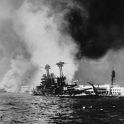 The USS California after being struck by a torpedo and a bomb during the Japanese attack on Pearl Harbor