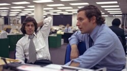 Reporters Bob Woodward, right, and Carl Bernstein in the Washington Post newsroom on May 7, 1973. Their reporting of the Watergate case won them a Pulitzer Prize.