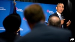 President Barack Obama speaks to business leaders at the quarterly meeting of the Business Roundtable in Washington, Sept. 16, 2015.