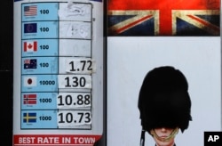 A currency exchange board with washed out rates is seen in London, Oct. 12, 2016. The pound's 20 percent drop in value since Britain voted to leave the EU has created hardships for Britons but a boon for foreign visitors.