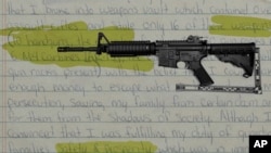 A photo illustration combining a defendant’s letter to a judge in the case of weapons he stole from a Massachusetts armory and an evidence photo of an M4 carbine rifle. (AP Illustration/Nat Castañeda)